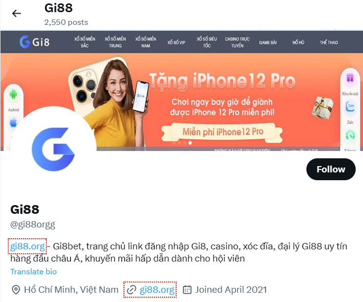 Twiter Gi88.org nơi cược thủ có thể liên hệ